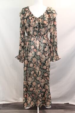 Mango Sheer Maxi Dress Womens size 10 Black Floral Ruffles Trim Dark Romantic